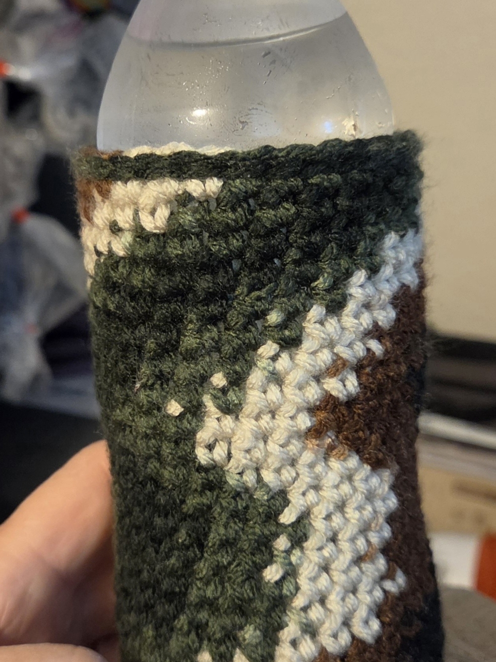 Handmade Green Camouflage Crochet Bottle Cozy